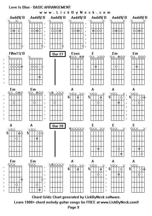 Chord Grids Chart of chord melody fingerstyle guitar song-Love Is Blue - BASIC ARRANGEMENT,generated by LickByNeck software.